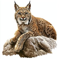 Naklejka premium Detailed Illustration of a Lynx Resting Gracefully on a Rocky Outcrop in a Natural Setting