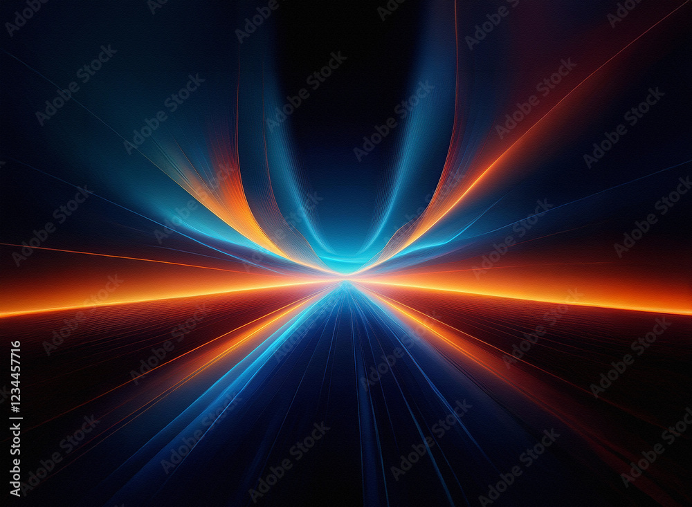 Poster abstract digital art depicting a vibrant, symmetrical light show. glowing energy streams converge at