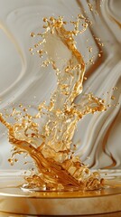 Extravagant Golden Coffee Fountain Cascading in Pastel Tones on Minimal Background