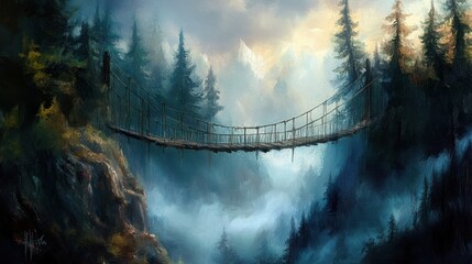 Fototapeta premium A mist-filled forest scene with a rustic suspension bridge suspended over a rocky gorge, exuding an adventurous atmosphere.