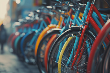 A vibrant row of bicycles in various colors, showcasing urban cycling culture.