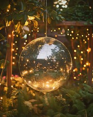 Obraz premium Suspended Mirror Ball Among Lush Greenery and Lights, Highlighting Sophisticated Event Decor in a Garden Setting