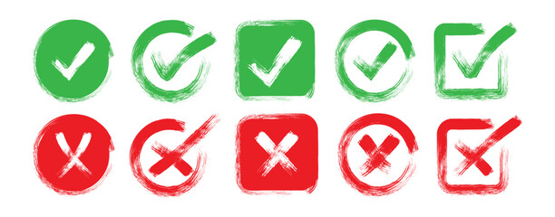  Hand Drawn square and circle Check Mark And Cross Mark In Grunge Style. Doodle hand drawn chalk check mark set.