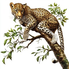 Majestic Leopard Resting on Tree Branch Surrounded by Lush Green Leaves in Vibrant Natural Habitat