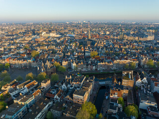 Amsterdam Historical Center Aerial morning View. Dam Street in Amsterdam, the Netherlands. Calm Dawn City, Centraal.
