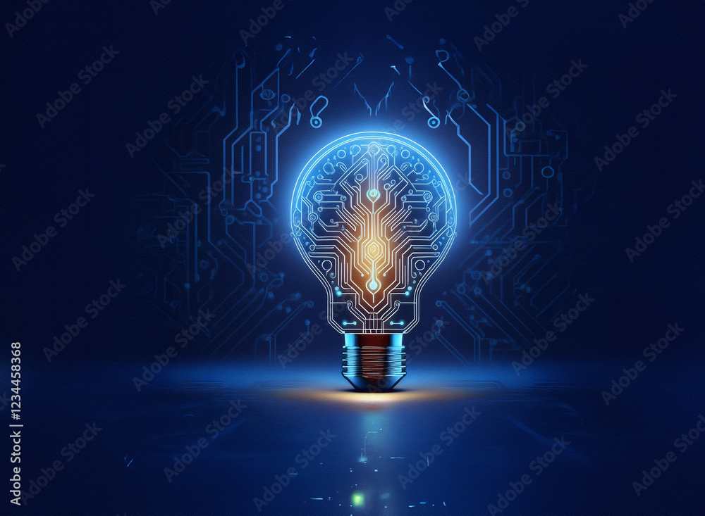 Fototapete a glowing lightbulb, its filament replaced by intricate circuitry, sits on a reflective surface agai