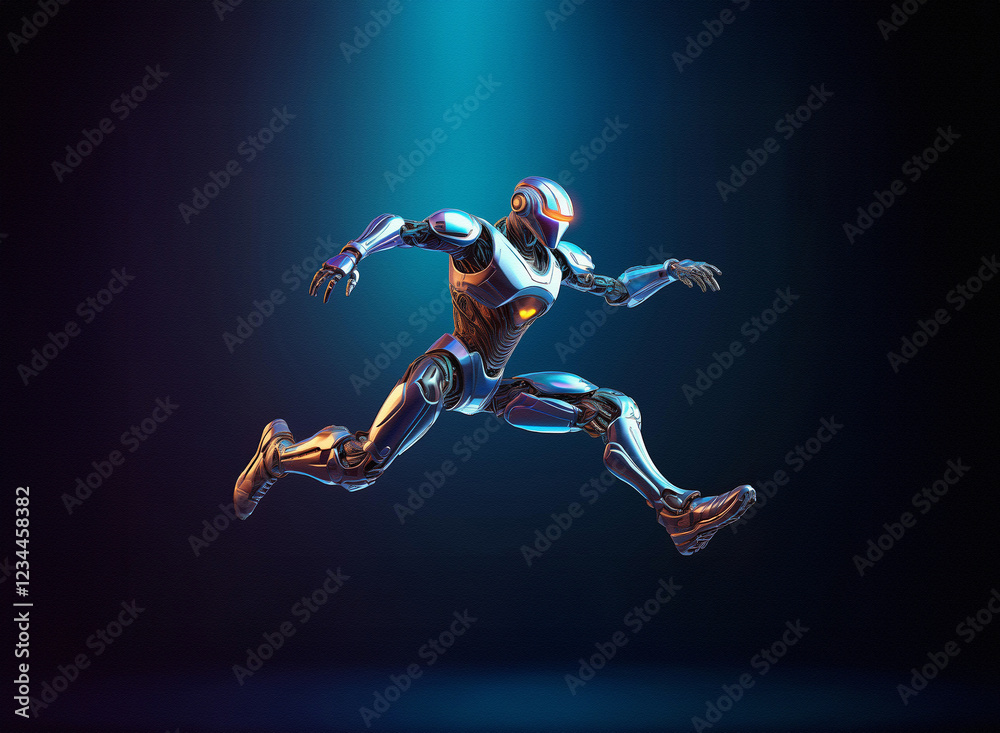 Aufkleber A chrome robot leaps through a dark, illuminated space, showcasing its sleek, metallic design and dynamic movement.  Its powerful stride suggests speed and agility.