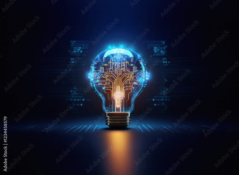 Aufkleber a glowing lightbulb, its filament replaced by intricate circuitry, emits a warm light against a dark