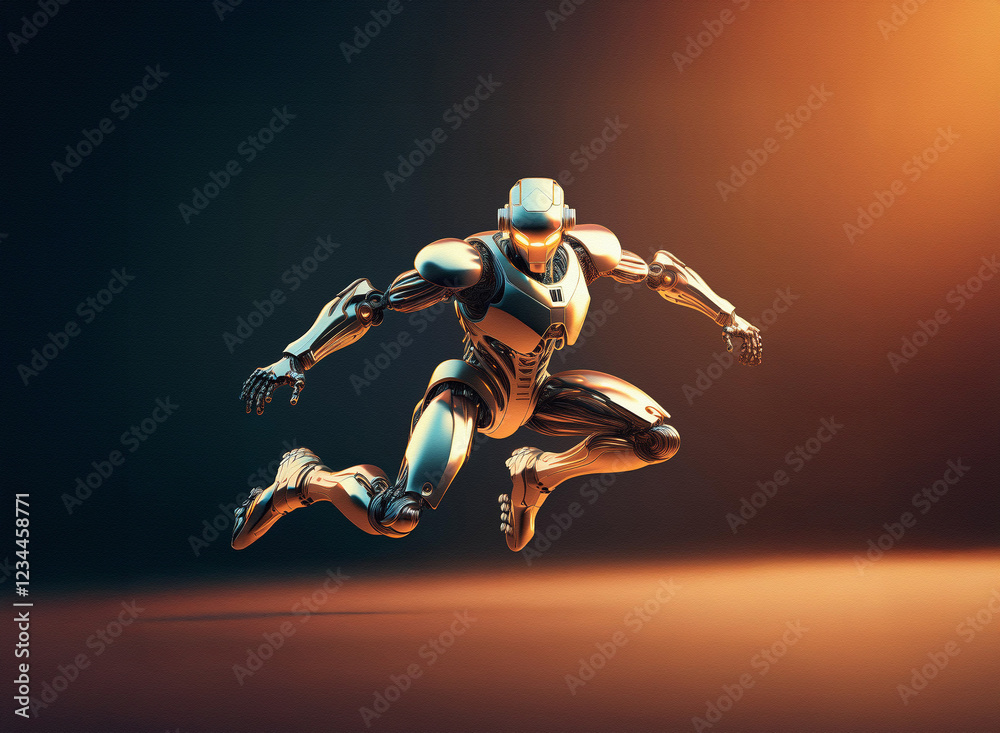Poster a metallic humanoid robot leaps forward, dynamic pose against a dark, warm-toned background. its sle