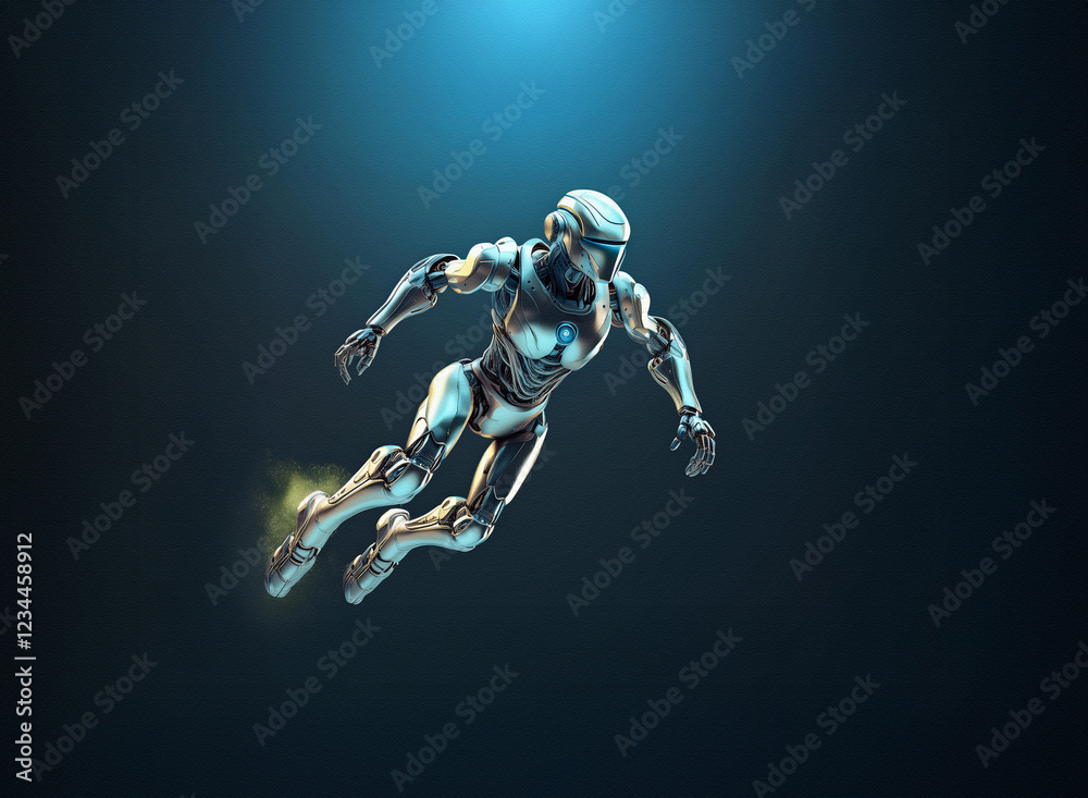 Poster a futuristic chrome android gracefully leaps through a dark blue space, propelled by glowing thruste