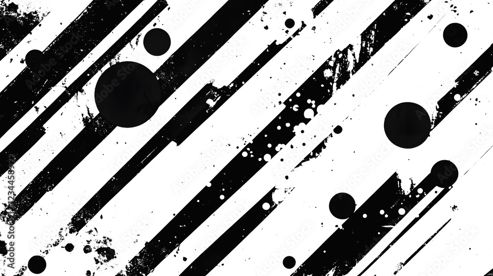 Fototapete dramatic abstract monochrome grunge texture with ink splatter brush strokes and various geometric sh