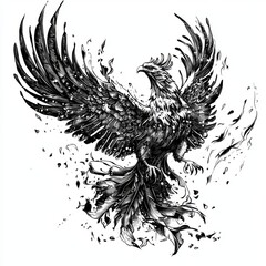 Majestic Black and White Illustration of a Phoenix Rising with Elegant Feathers and Dynamic Motion