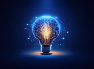 A glowing lightbulb, its interior a complex circuit board, symbolizes innovation and technological advancement.  The blue hues and dark background emphasize the digital nature of the idea.