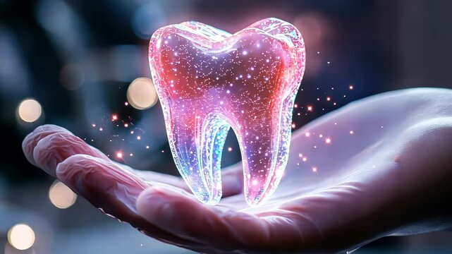 video 3d Dentist wearing gloves holding glowing digital tooth, showcasing innovation in dental technology and futuristic healthcare video