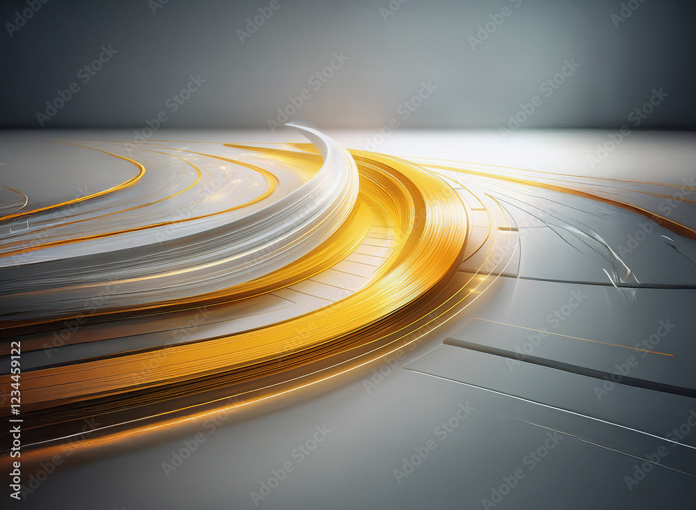 Poster Abstract digital art depicting swirling, metallic curves in gold and silver, creating a sense of depth and movement.  The interplay of light and shadow emphasizes the three-dimensional quality of the 