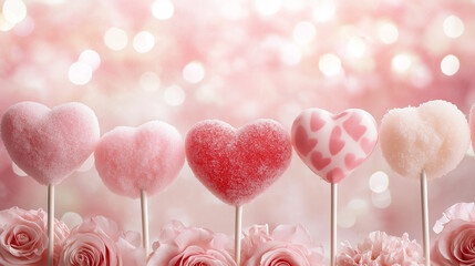 Delightful Heart-Shaped Cake Pops with Roses Against a Soft Pink Background