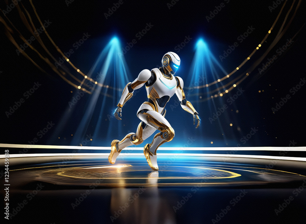 Poster a futuristic robot, sleek and white with gold accents, runs dynamically on a circular stage bathed i