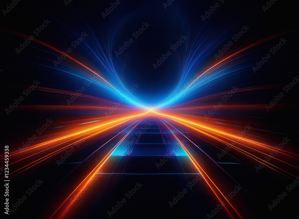 Poster Abstract digital art depicting a glowing, symmetrical pathway of orange and blue light streaks extending into a dark, infinite space.  The path appears to be made of glowing steps or platforms.