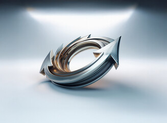 Intertwined metallic arrows form a continuous loop, suggesting cyclical processes or infinite potential.  The polished chrome-like surface reflects light, creating a sense of depth and movement.