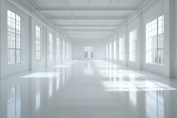 Obraz premium Bright and Airy Empty White Warehouse Interior with Large Windows Flooded with Natural Light for Contemporary Design or Art Studio Use