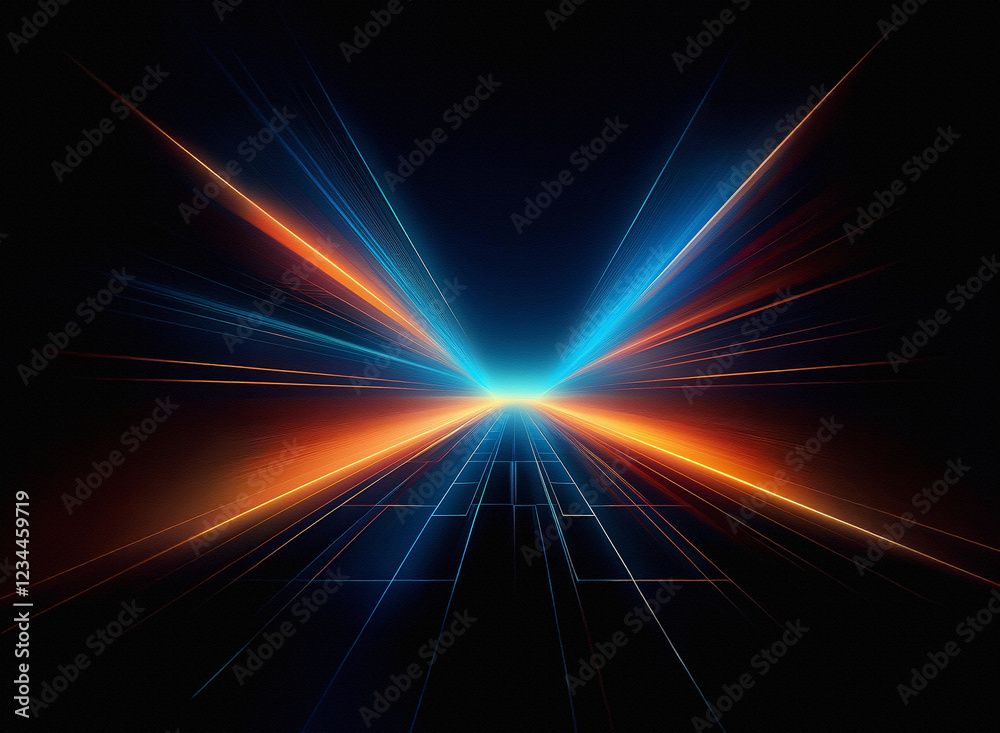 Poster Abstract digital art depicting vibrant streaks of light converging at a vanishing point.  The glowing lines create a sense of speed and movement against a dark background. A grid pattern is subtly vis
