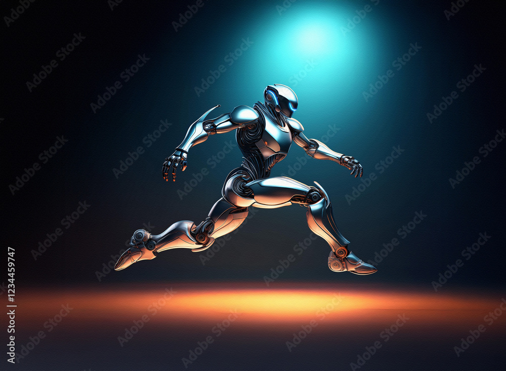 Poster A chrome robot, sleek and powerful, leaps forward in a dynamic pose, illuminated by a dramatic blue and orange light.  Its metallic body glistens, showcasing intricate details.
