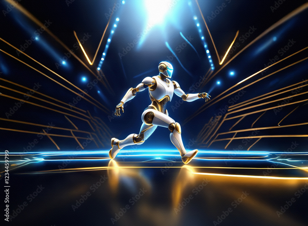 Aufkleber a white and gold humanoid robot strides through a futuristic, glowing corridor. the scene is dynamic