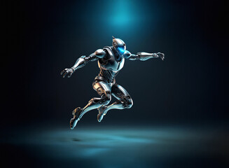 A sleek, silver robot leaps dynamically, illuminated by a bright cyan light source from above. Its metallic form is detailed, poised mid-jump against a dark background.