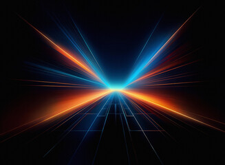 Abstract digital art depicting vibrant streaks of light converging at a vanishing point.  The...