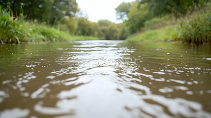 Fototapeta premium Calm river flowing through lush green landscape