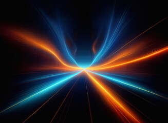 Abstract artwork featuring dynamic blue and orange light streaks converging at the center against a...