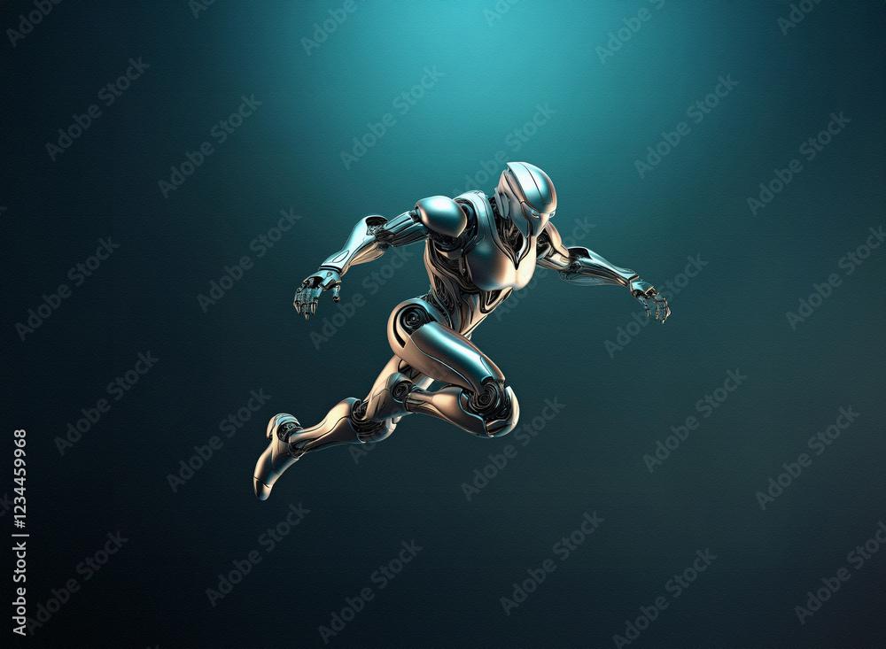 Poster a sleek, silver humanoid robot in dynamic motion, mid-leap against a teal backdrop. its design sugge