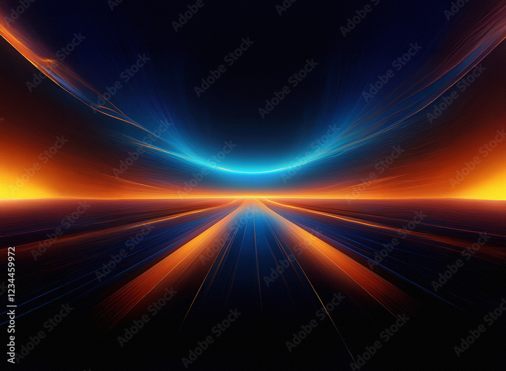 Poster abstract digital art depicting a futuristic highway converging towards a glowing horizon. vibrant or