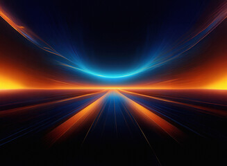 Abstract digital art depicting a futuristic highway converging towards a glowing horizon.  Vibrant orange and blue hues create a dynamic, energetic scene.