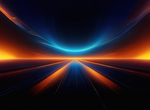 Abstract digital art depicting a futuristic highway converging towards a glowing horizon.  Vibrant orange and blue hues create a dynamic, energetic scene.