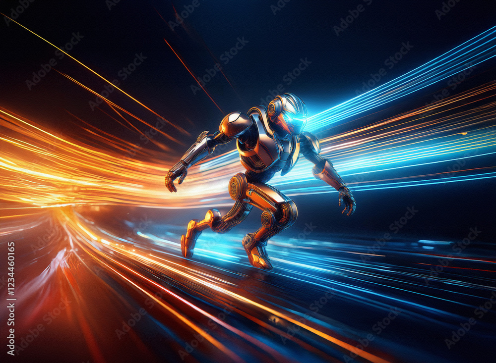 Poster a metallic humanoid robot runs through a vibrant trail of light streaks, showcasing speed and futuri