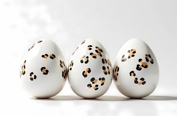 White eggs with leopard print on a white background. Happy Easter!