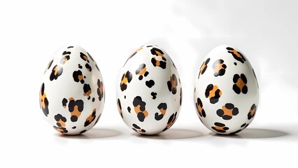 White eggs with leopard print on a white background. Happy Easter!