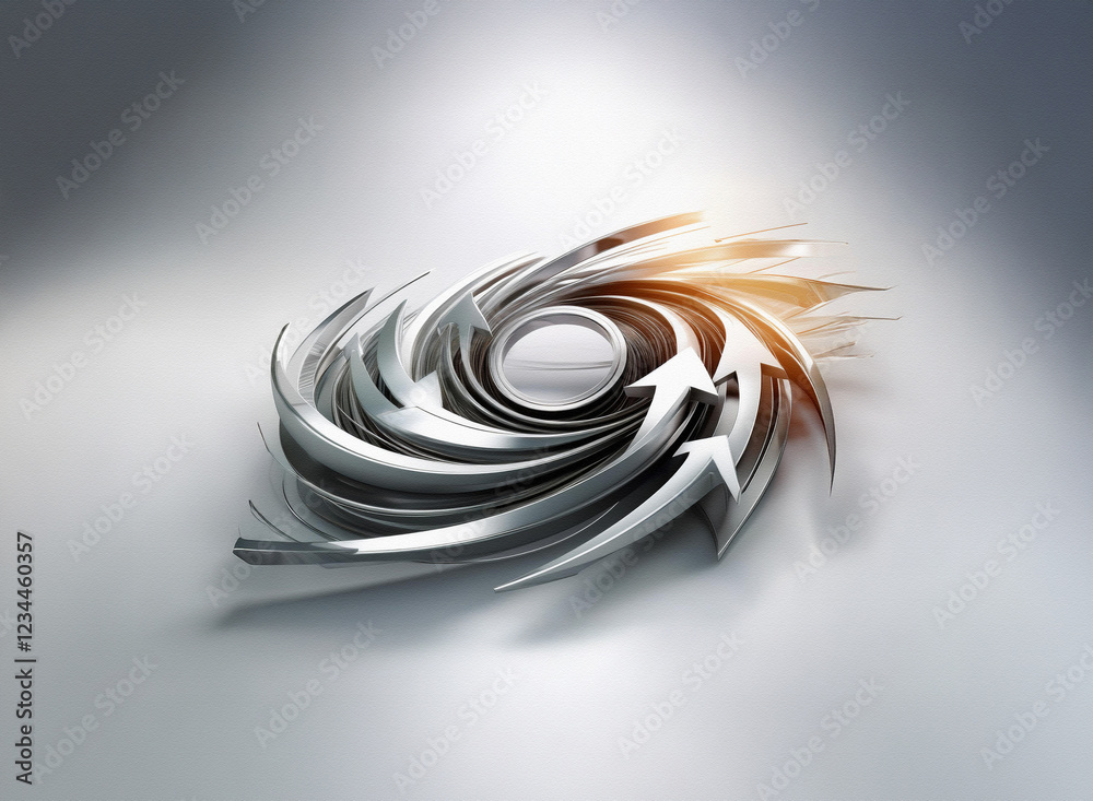 Poster Abstract swirling metallic arrows form a vortex against a neutral background, illuminated by a warm light source.  The design suggests movement, energy, and progress.