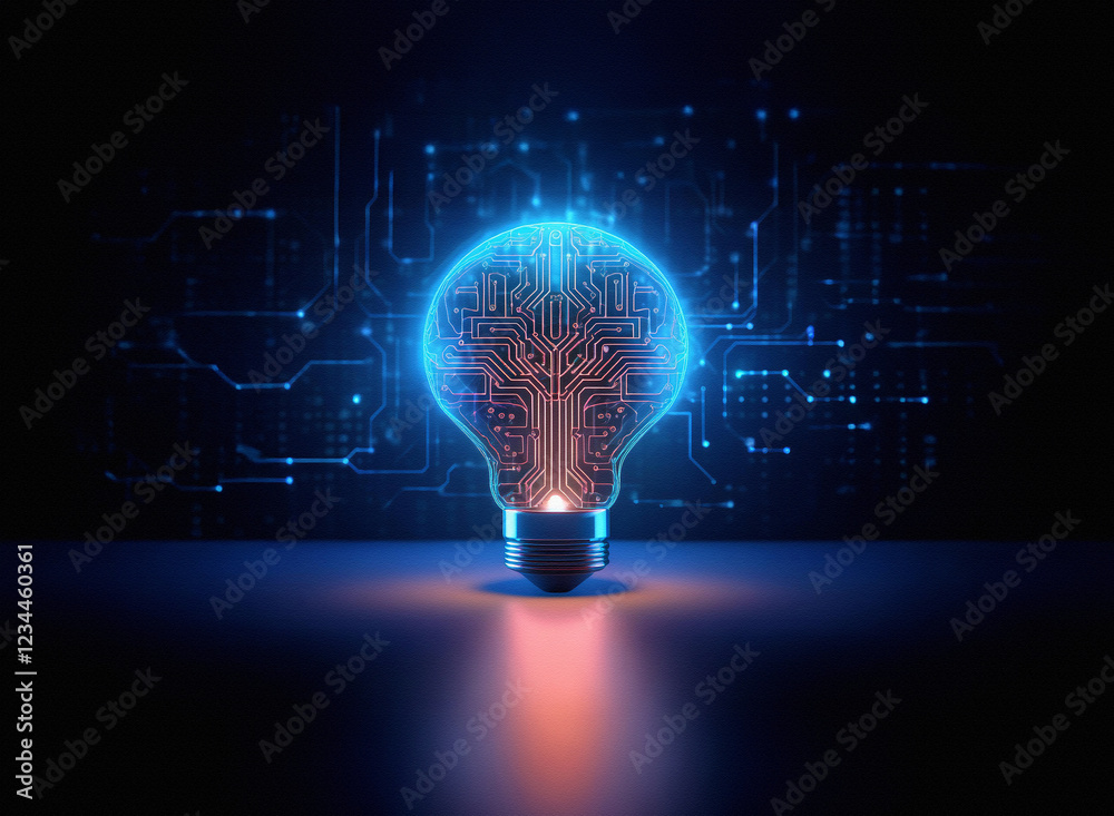 Fototapete a glowing lightbulb, its filament replaced by intricate circuitry, illuminates against a backdrop of