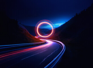 A winding road at night, illuminated by vibrant light trails, leads towards a glowing red circular portal set against a dark, mountainous landscape under a twilight sky.