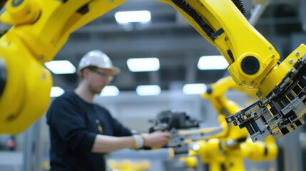 Fototapeta premium A dynamic view of a manufacturing engineer overseeing robotic assembly in an electronics manufacturing facility, Robotics assembly scene, Automation precision style