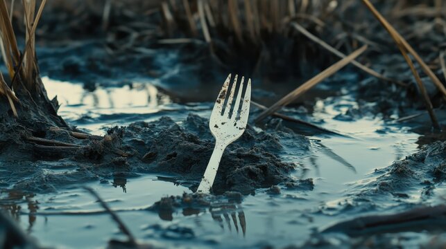 Fork Embedded in Muddy Wet Soil Surrounded by Dry Vegetation