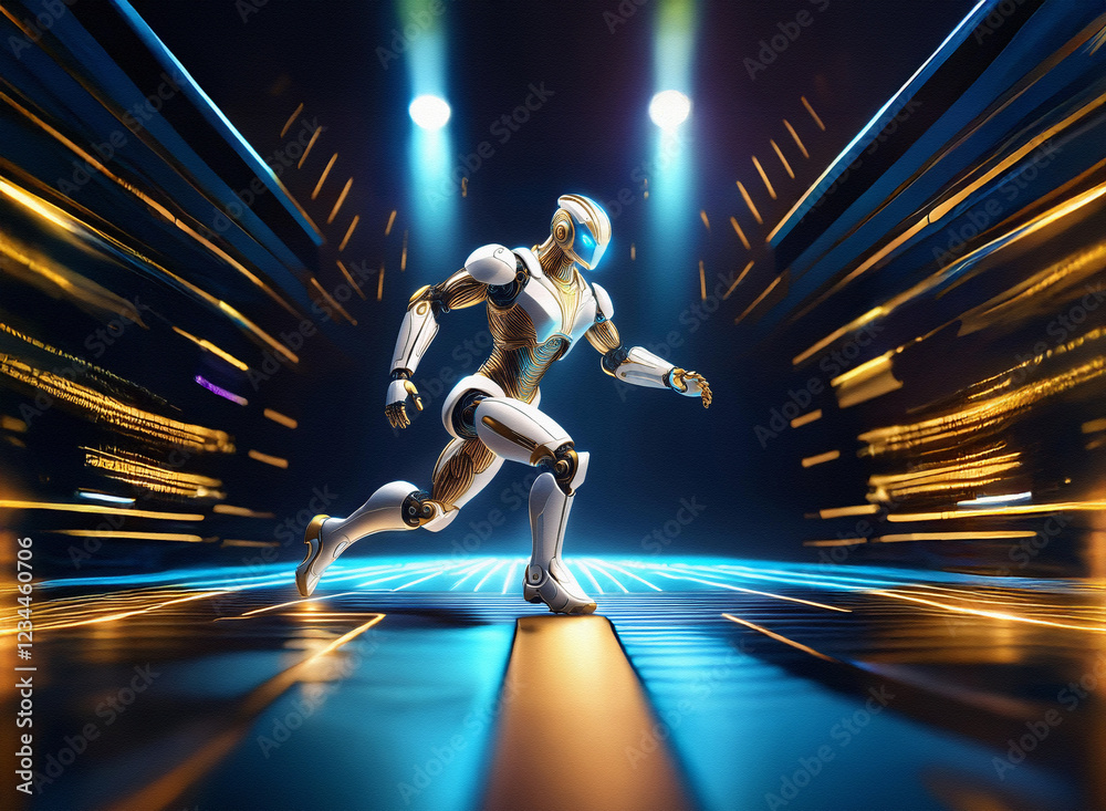 Poster a futuristic robot, sleek and white with gold accents, strides forward in a vibrant, technologically