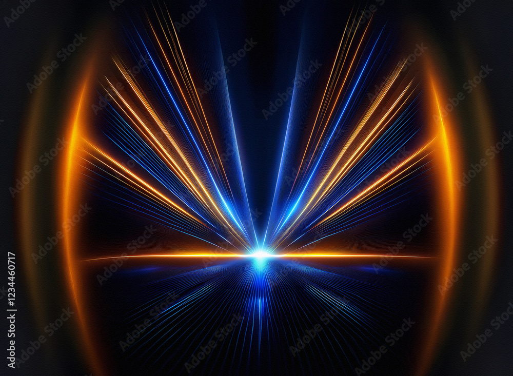 Aufkleber abstract artwork featuring vibrant blue and orange light streaks radiating from a central point, cre