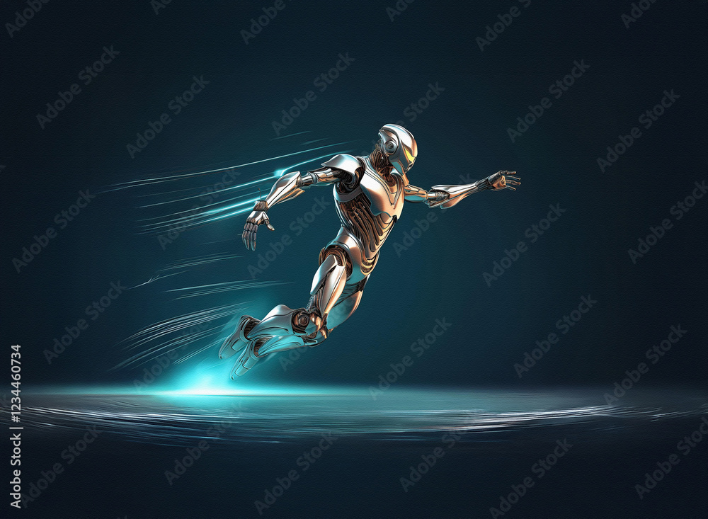 Poster A futuristic metallic robot, sleek and powerful, glides across a luminous surface with incredible speed, leaving glowing trails in its wake.  Its design is streamlined for agility and efficiency.