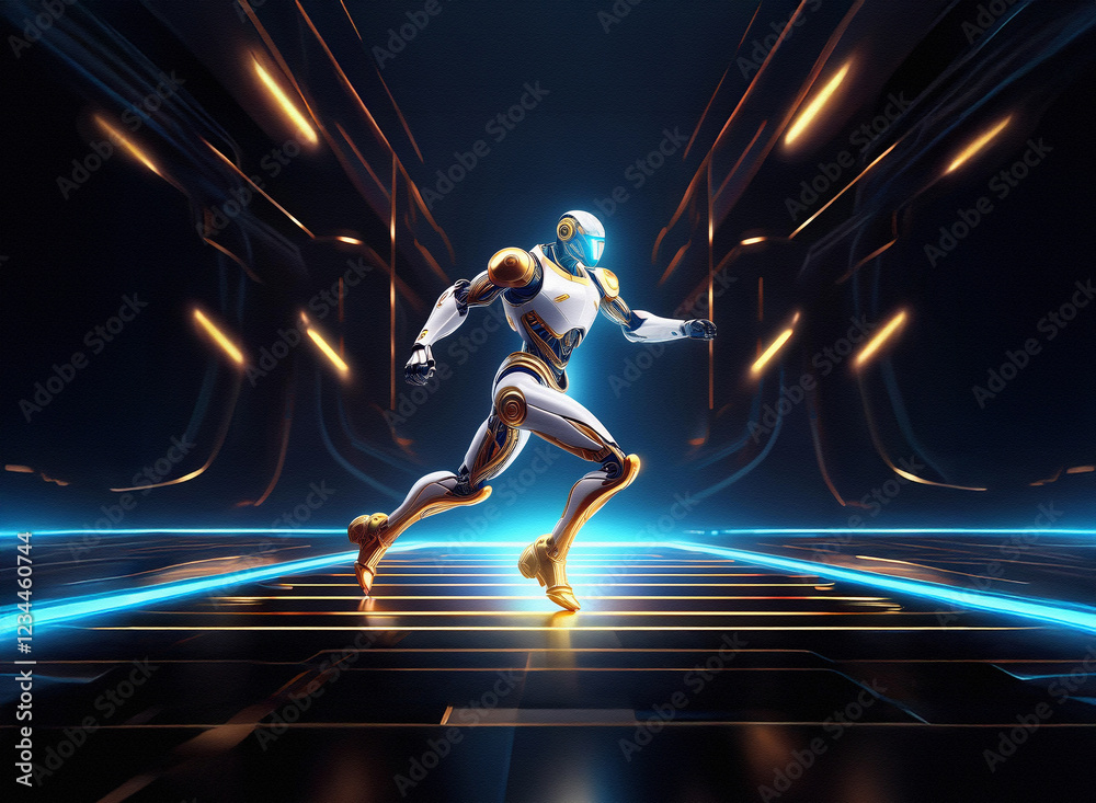 Aufkleber A futuristic android runs through a glowing, neon-lit corridor.  Its sleek design and dynamic pose suggest speed and power in a technological environment.