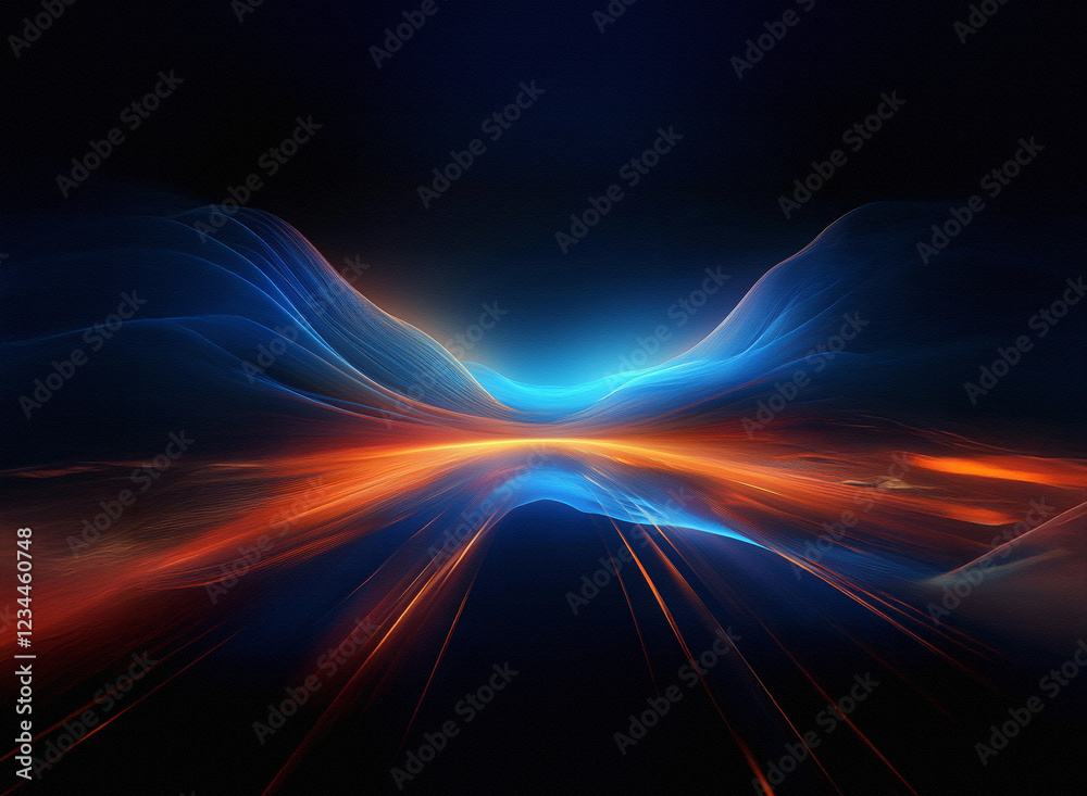 Aufkleber Abstract landscape of glowing, flowing light; vibrant blue and orange hues create a futuristic, ethereal scene with a sense of depth and movement.  The dark background enhances the luminescence of the