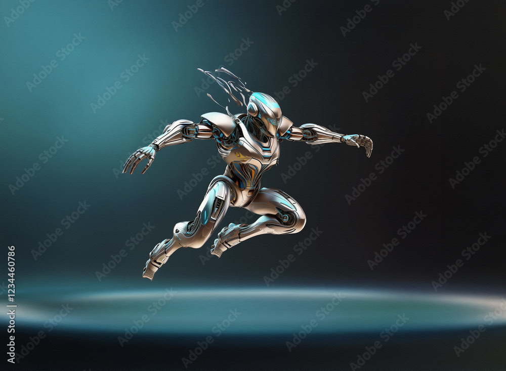 Poster A chrome robot, sleek and agile, leaps dynamically through a dark, atmospheric space, its metallic form catching the ethereal glow.
