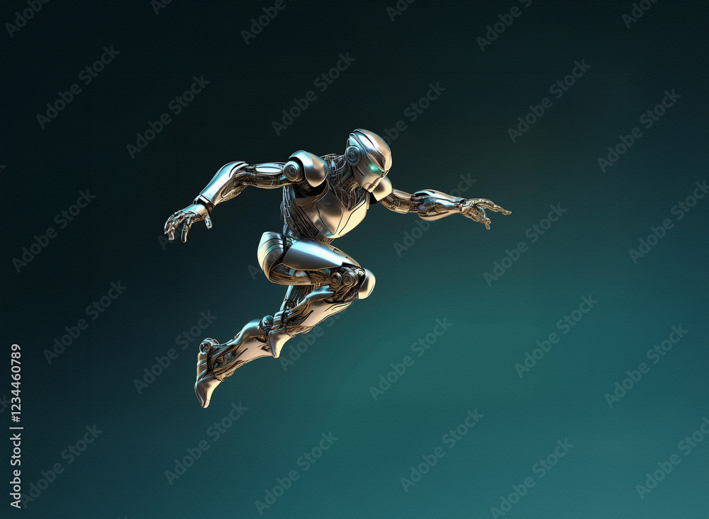 Poster A sleek, silver robot leaps forward, its metallic joints gleaming.  Dynamic pose against a dark teal backdrop. Futuristic design, agile movement.
